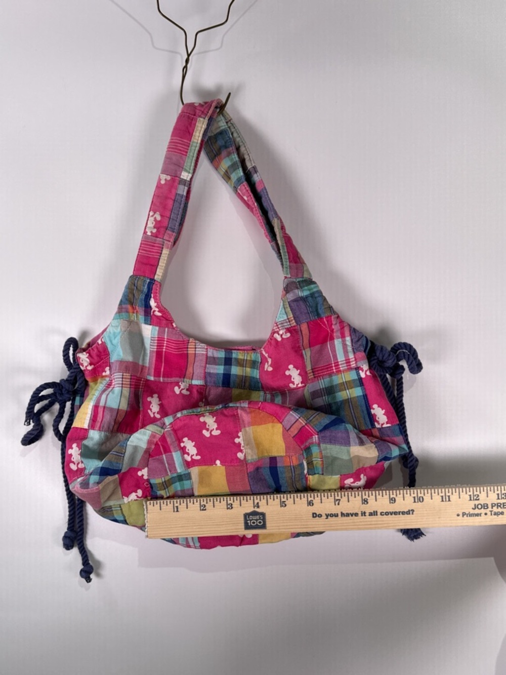 Disney Parks Hobo Bag Mickey Mouse Rope Cinch Plaid Patchwork Pink Multi OS - Picture 12 of 13